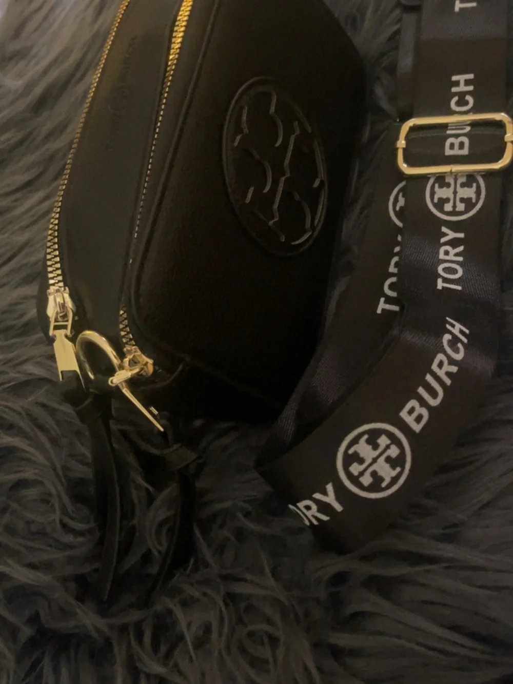 Tory Burch Black Leather Logo Crossbody Bag with Branded Strap
